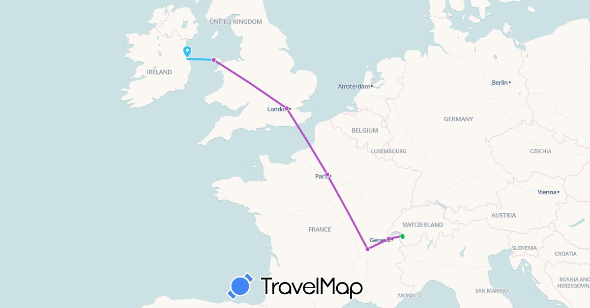 TravelMap itinerary: driving, bus, train, boat in Switzerland, France, United Kingdom, Ireland (Europe)