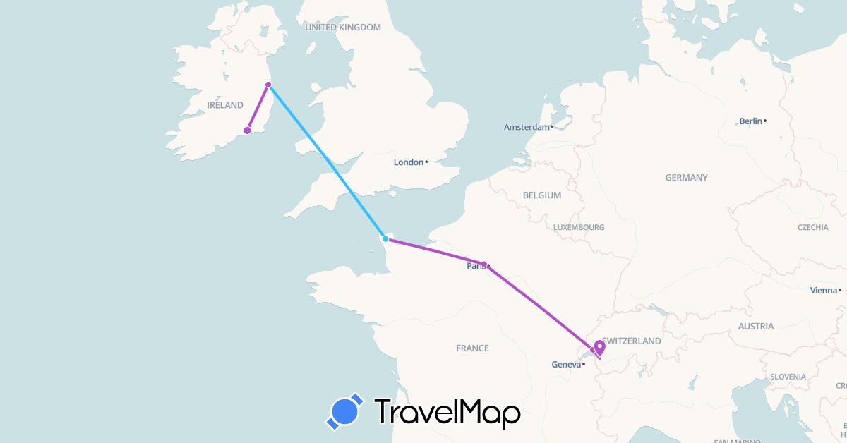 TravelMap itinerary: driving, train, boat in Switzerland, France, Ireland (Europe)